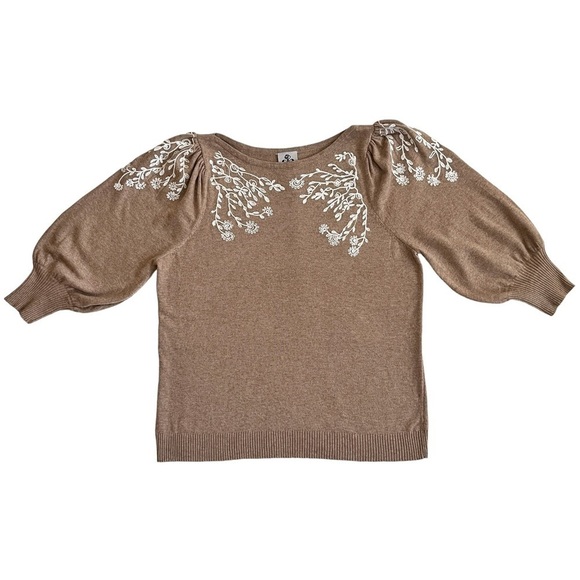 Rain + Rose Angora Blend Sweater Floral Embroidery Puff Shoulders Balloon Sleeve - Picture 10 of 14